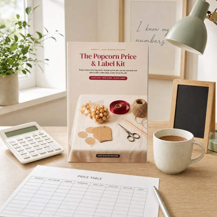 The Popcorn Price and Label Kit on a desk with a calculator and a price table