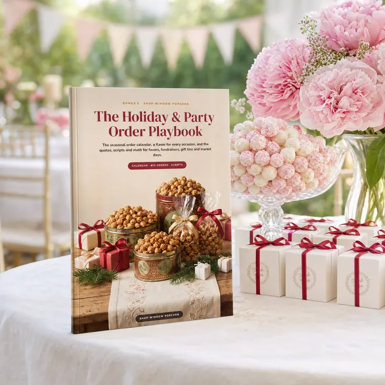 The Holiday and Party Order Playbook on a spring party table with favor boxes