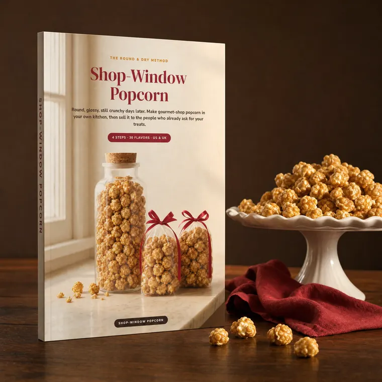 The Shop-Window Popcorn guide next to a cake stand of round caramel popcorn